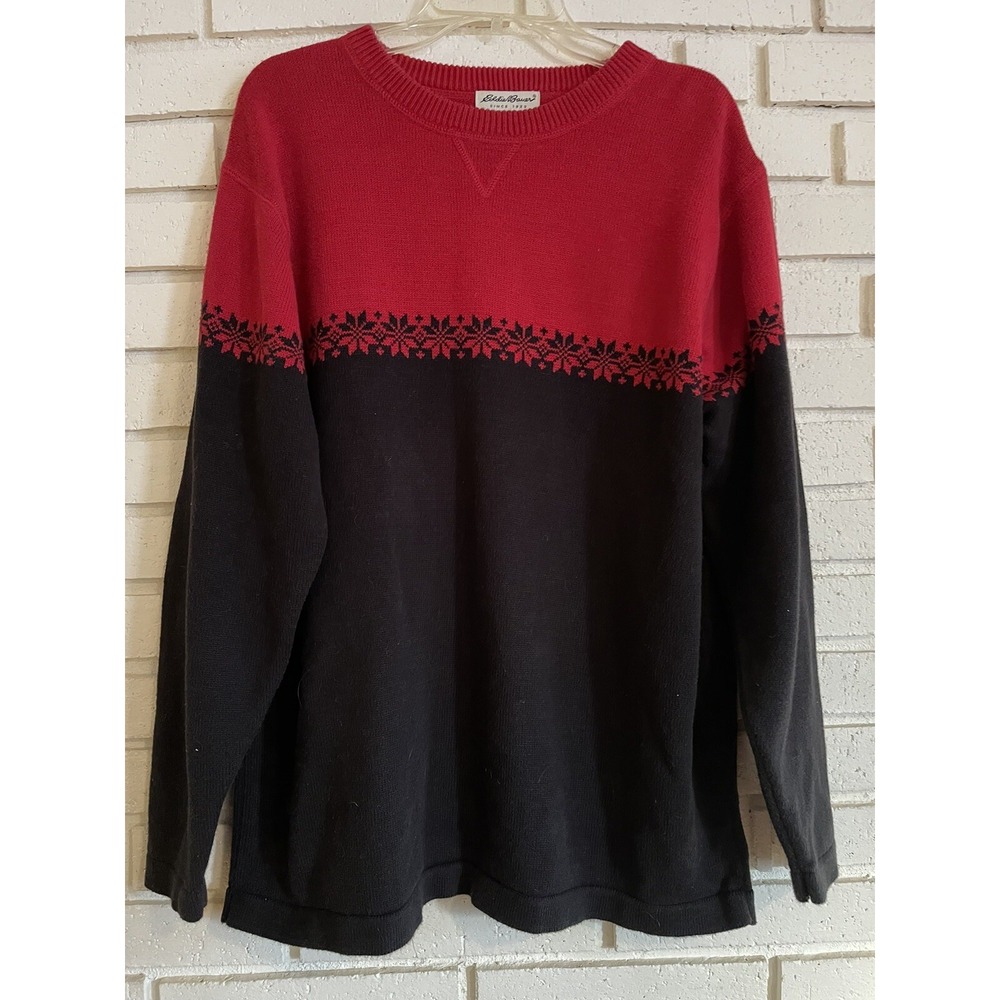 Eddie Bauer Mens Sweater Large Long Sleeve Crewneck Knit Pullover Red & Black